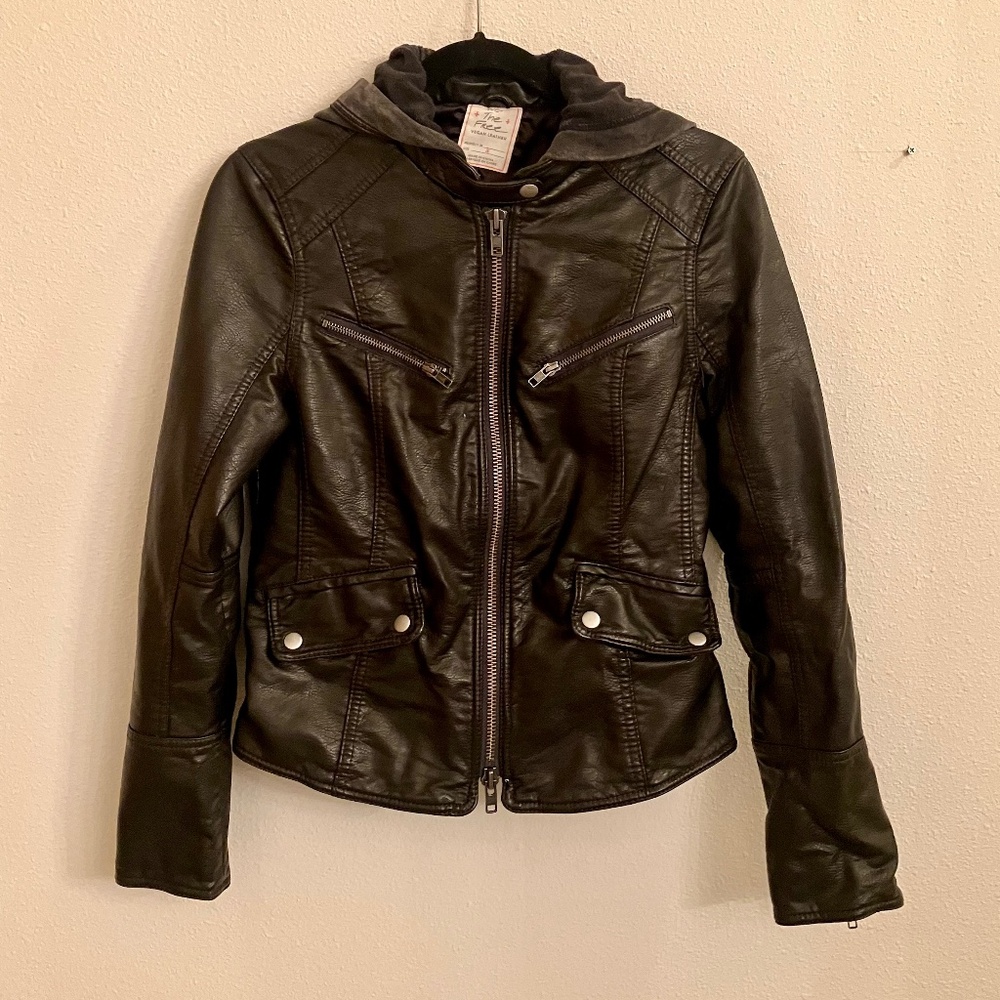 We The Free Black Vegan Leather Hoodie Moto Jacket